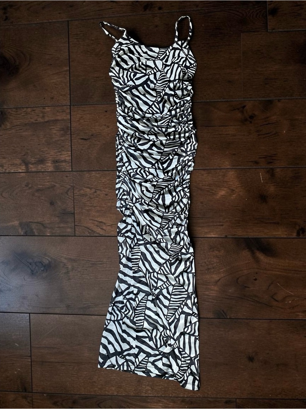 Zebra Print Ruched Maxi Dress in Black & White